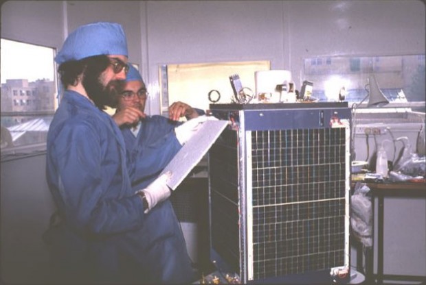 UoSAT-1 during final assembly and test Credit: SSTL