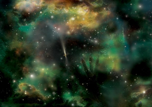 A gamma-ray burst, depicted in green.