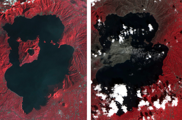 Satellite image of before and after of Taal, Philippines eruption 