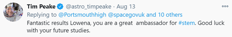 A tweet from Tim Peake congratulating Lowena! 