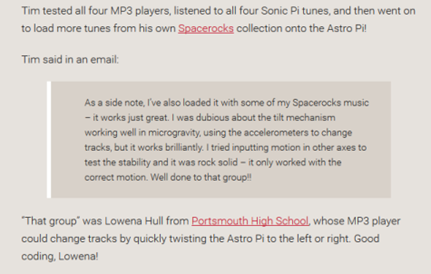 A email from Tim Peake saying Lowena's code worked great on the ISS