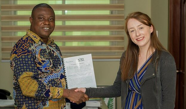 Paula McGregor (Space Programme Manager, Ecometrica) and Mr John Allotey, Chief Executive of the Ghana Forestry Commission signing the agreement in summer 2019. Photo taken by Prince Boama.