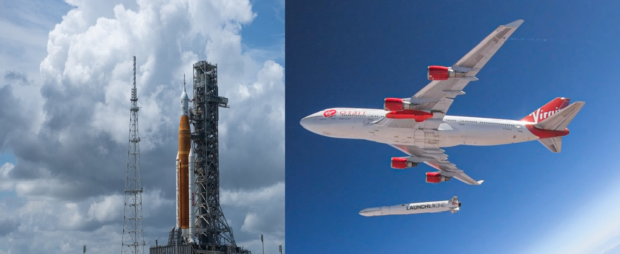 NASA’s 98-metre-high Artemis-1 on the launchpad, and Virgin’s ‘Cosmic Girl’ at the moment the rocket is released.
