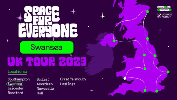 Graphic: Space for Everyone. Swansea. UK tour 2023. List of other dates and map of UK.