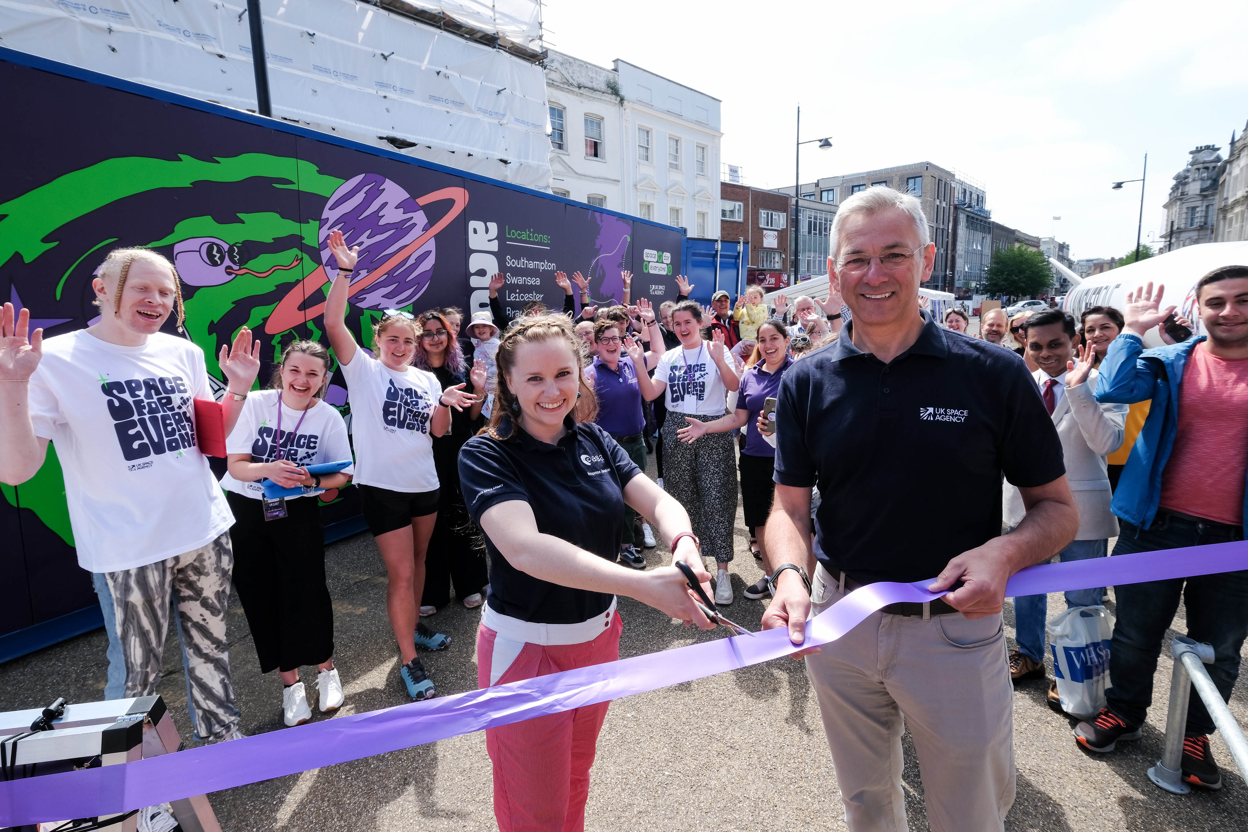 UK Space Agency Deputy CEO Ian Annett and European Space Agency astronaut reserve Meganne Christian opening the Space for Everyone tour in Southampton.