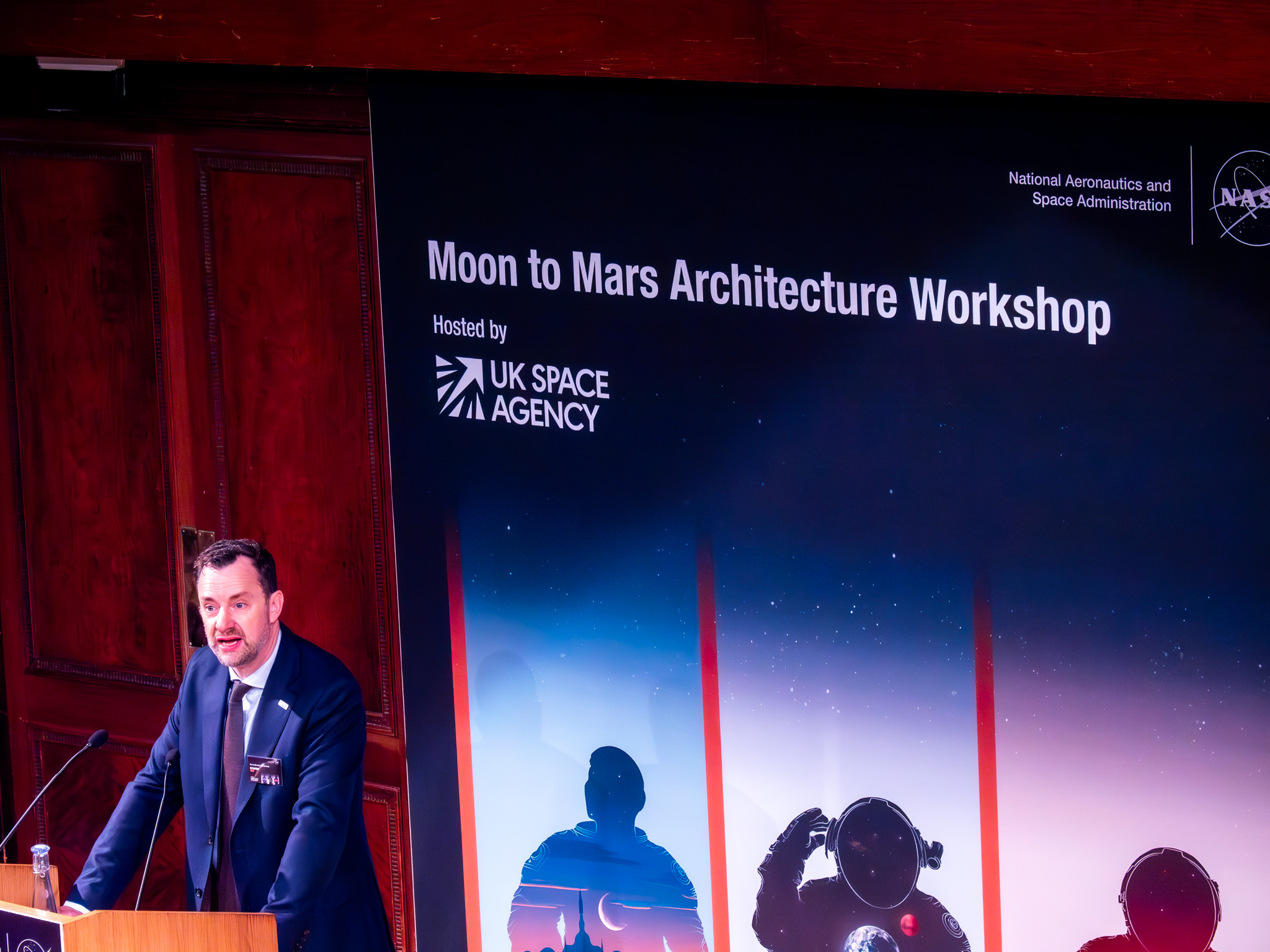 UK Space Agency CEO Dr Paul Bate speaking at the Moon to Mars Architecture workshop at the Royal Institution, London.