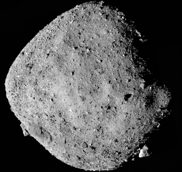 Asteroid Bennu, captured by NASA’s Osiris-Rex spacecraft. This 500-metre-wide rock takes 435 days to orbit the Sun, coming within 300,000 kilometres (190,000 miles) of Earth once every six years – that’s closer to us than the Moon, which lies 384,400 km (240,000 miles) from Earth. Credit: NASA/Goddard/University of Arizona