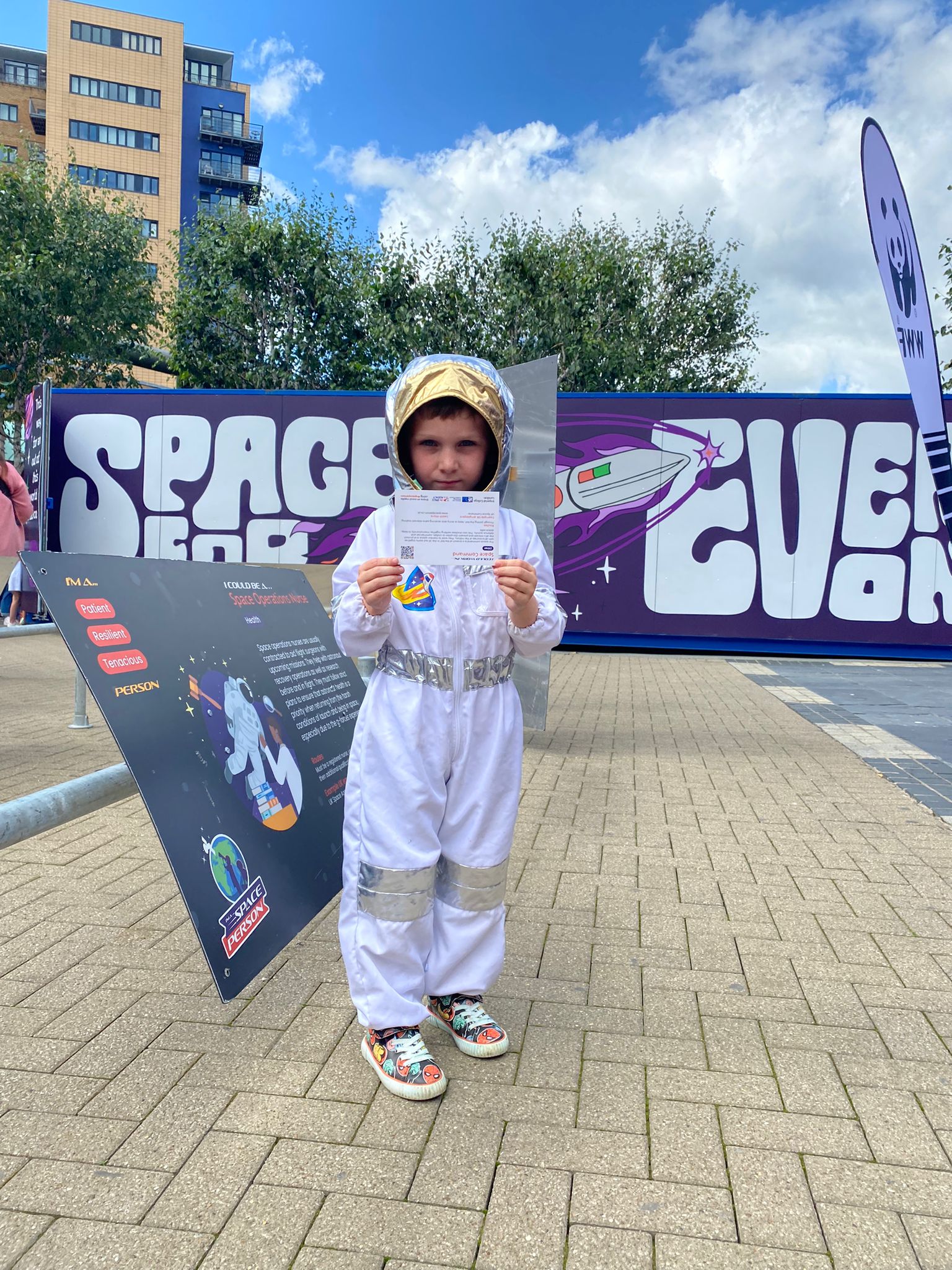 A child wearing a space suit at the UK Space Agency's 'Space for Everyone' tour.