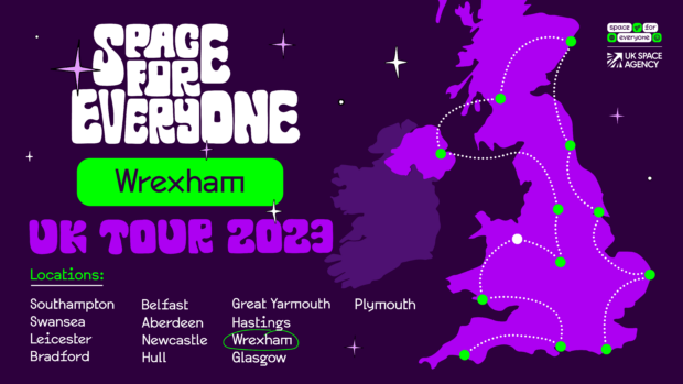 Space for Everyone Wrexham UK Tour 2023 Locations: Southampton | Swansea | Leicester | Bradford | Belfast | Aberdeen | Newcastle | Hull | Great Yarmouth | Hastings | Wrexham (circled) | Glasgow | Plymouth
