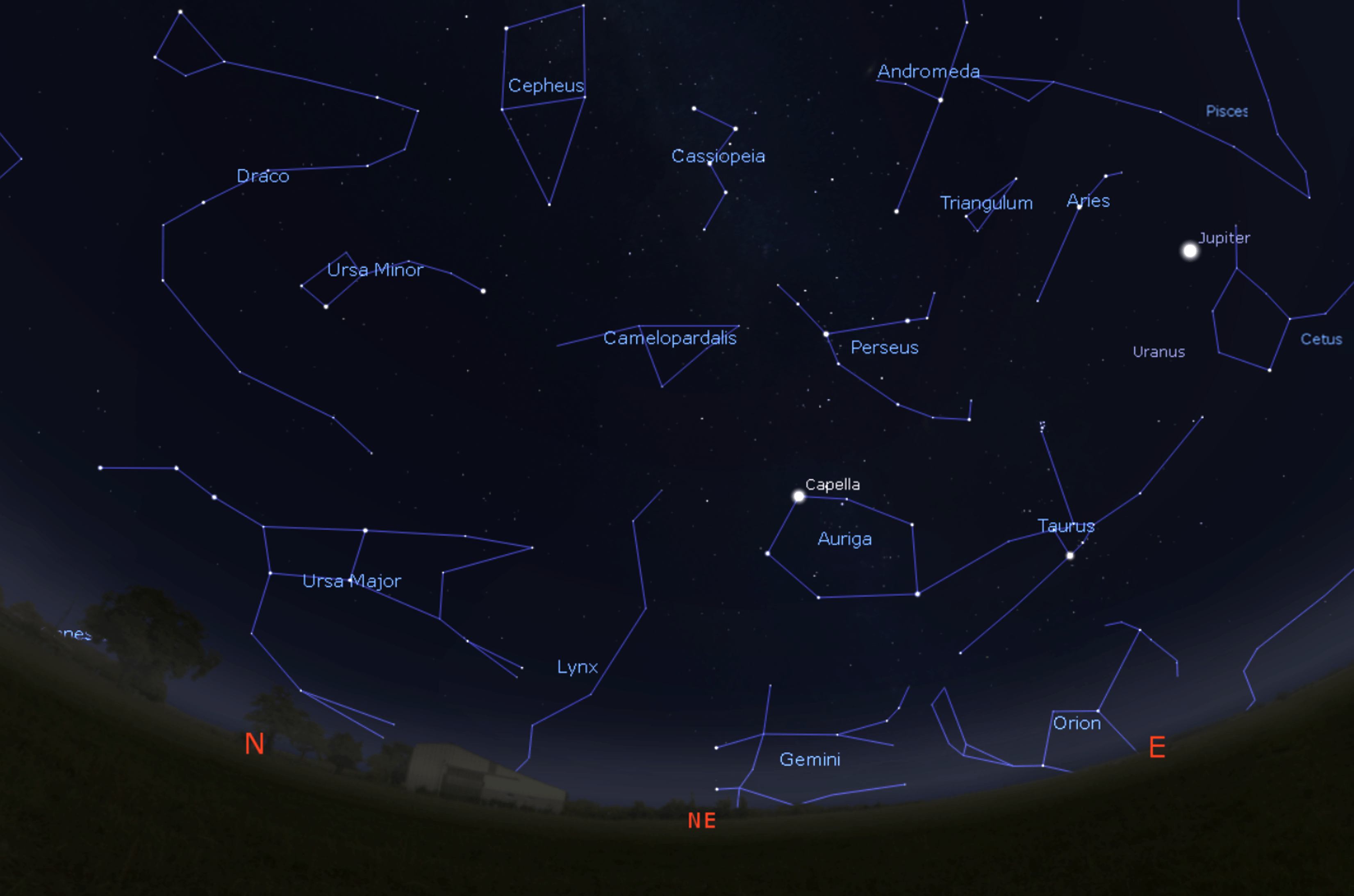 Map of the sky looking north-east.