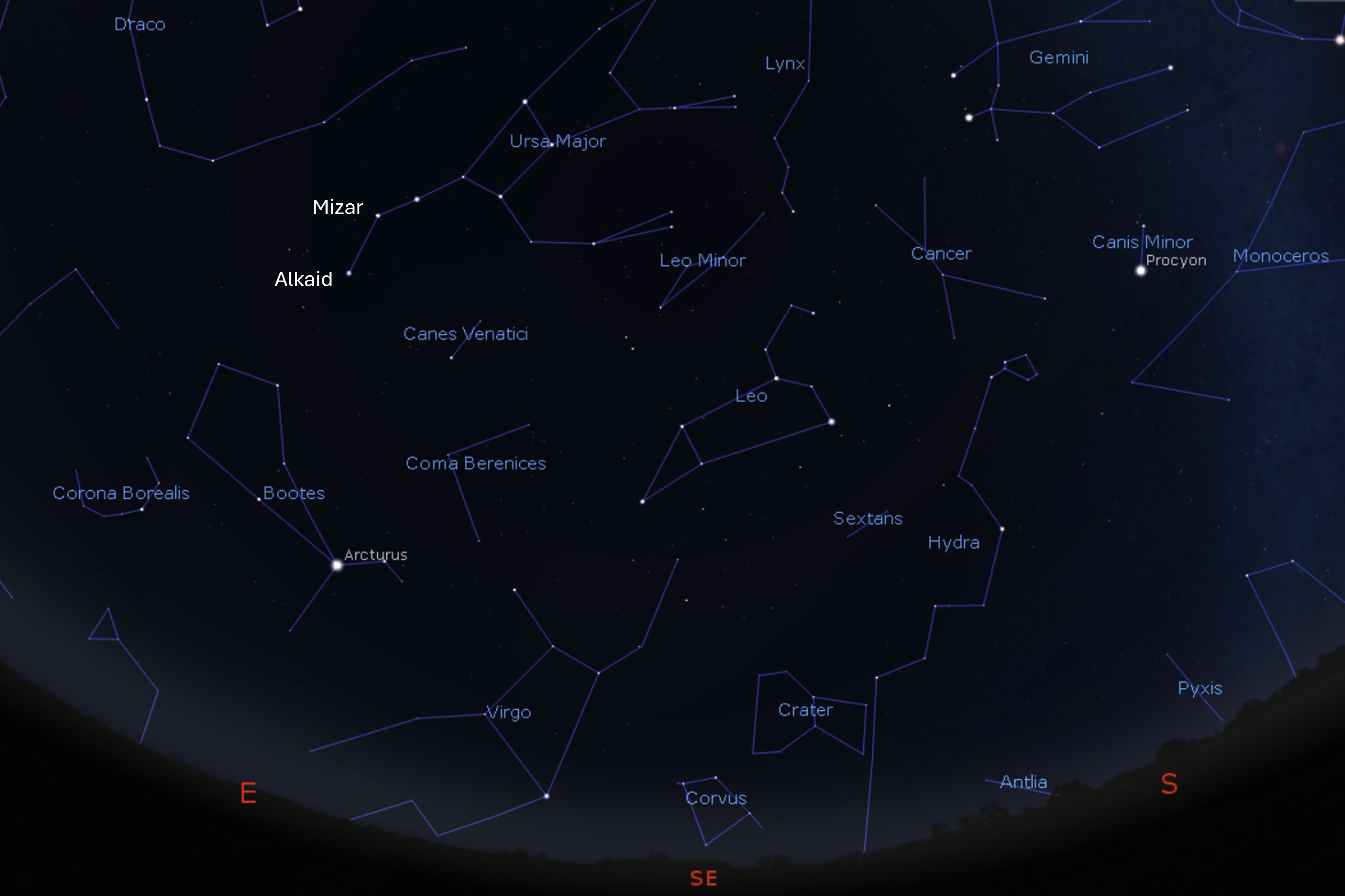 Looking south-east as darkness falls this month to see the rising spring constellations. Credit: Stellarium.org