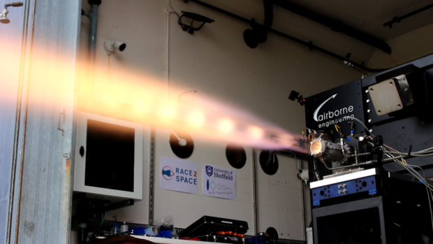 A rocket engine built by students being tested. Credit: Alistair John