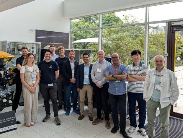 UK Space Agency and MHD project team (from left to right): Chris Ward (UK Space Agency), Georgia Lavendar (UK Space Agency), Conor Hagan (UK Space Agency), James Coles (Open University) Connor Perkins (UK Space Agency), David Gray (Added Value Solutions), Pratik Deshpande (VIPER RF), Jason Hanson (VIPER RF), Mahesh Anand (The Open University), Sungwoo Lim (University of Surrey), David Cullen (UK Space Agency Board Member, Cranfield University). Credit: The Open University.