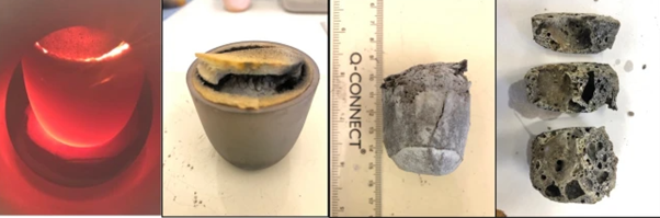 Microwaved samples of lunar highland simulants (OPRH3N) heated with a bespoke microwave apparatus under vacuum. These materials could be used as an in-situ resource for lunar construction. Images from left to right show the heated, cooled, and sliced products of microwave heating. Credit: The Open University.