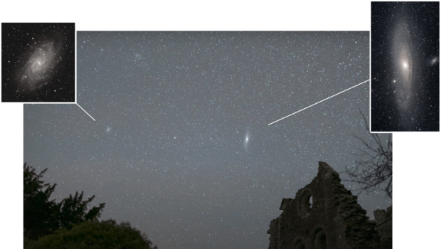 The Andromeda Galaxy (right) and the Triangulum Galaxy (left), photographed from the dark skies of the Brecon Beacons, Wales.  Credit: Derek Smale.