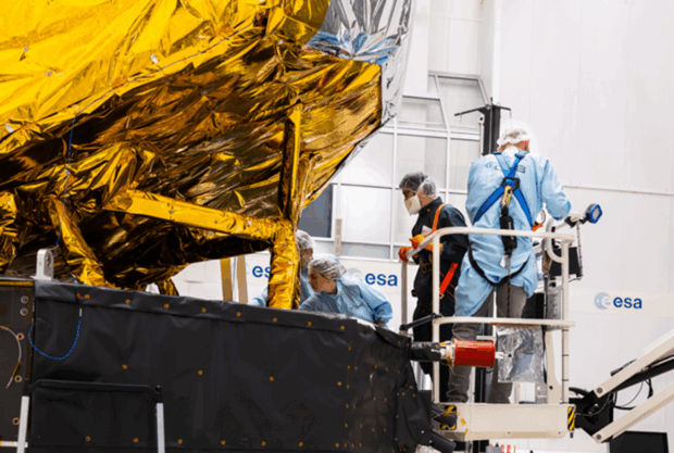 Engineers inspect ESA’s Plato spacecraft in preparation for the final step to complete its construction: fitting the combined sunshield and solar array module. Photo credit: ESA – SJM Photography