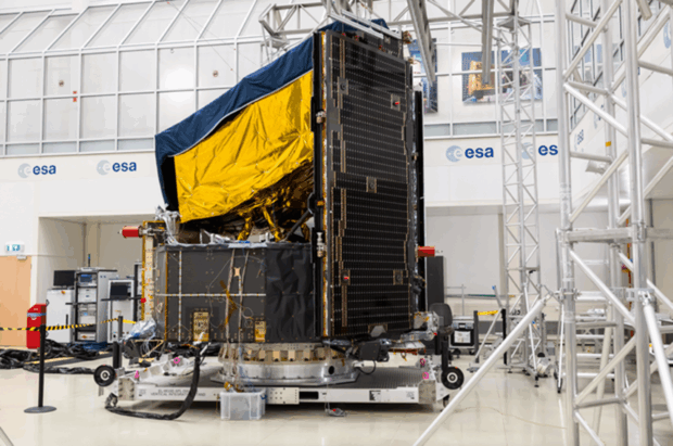 ESA’s Plato spacecraft in one of the cleanrooms at ESA’s Test Centre, taken shortly after engineers fitted the combined sunshield and solar array module. Photo credit: ESA – SJM Photography