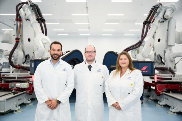 Dr Evangelos Zympeloudis, CEO and Founder of iCOMAT, Matt Archer, Director of Launch and ISAM, at the UK Space Agency and Antonia Yendell, Head of Space Ecosystem Development at the UK Space Agency. Credit: iCOMAT