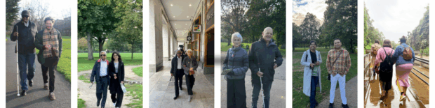 A collage of people with visual impairments being led through various parts of London.