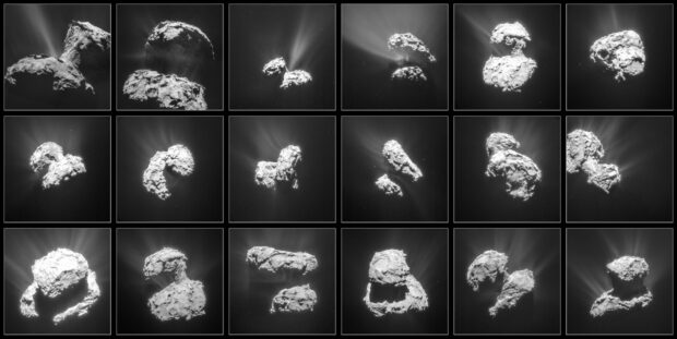 Dust and gas being ejected from Comet 67P/Churyumov-Gerasimenko as seen by ESA’s Rosetta mission. Credit: ESA/Rosetta/NAVCAM – CC BY-SA IGO 3.0