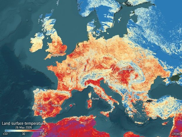 Sentinel-3 capturing the land surface temperature during the May 2026 heatwave (European Space Agency, 2026)